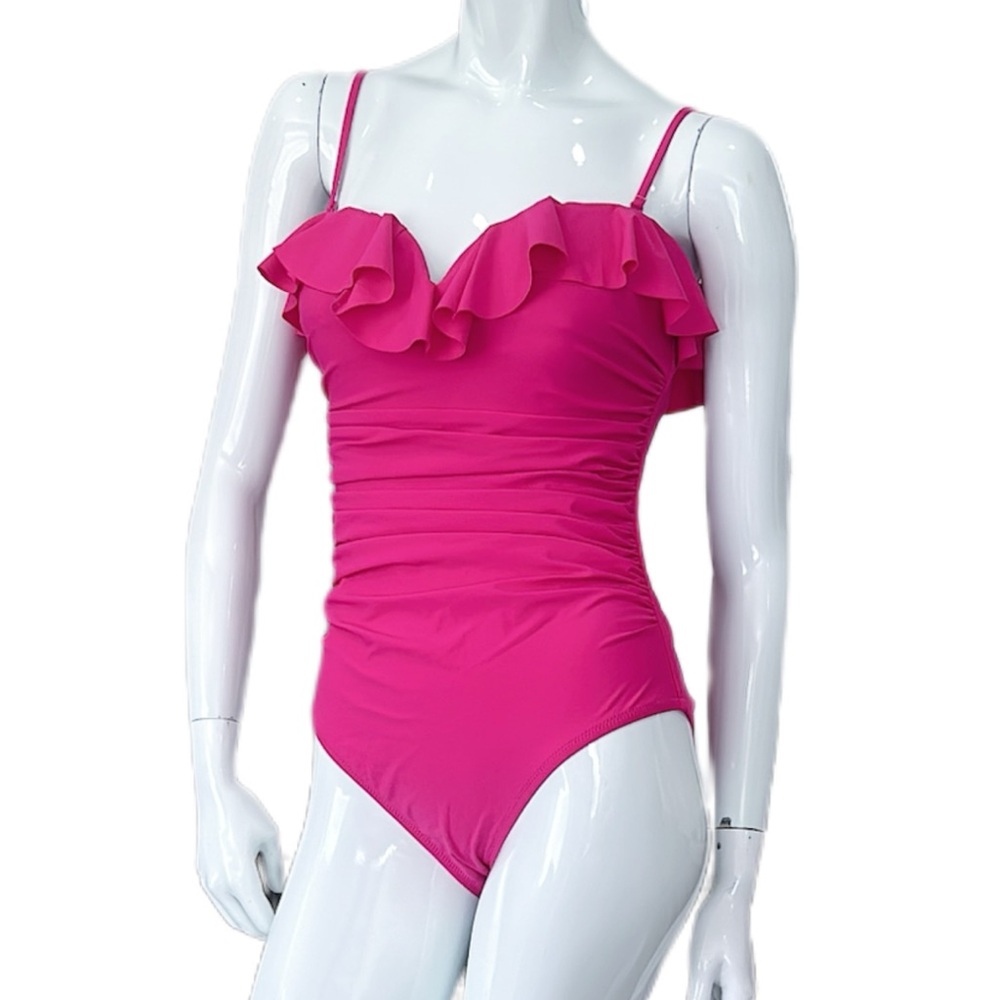 J.CREW Matte ruched one-piece swimsuit with ruffles Radiant Fuchsia Sz 10.New